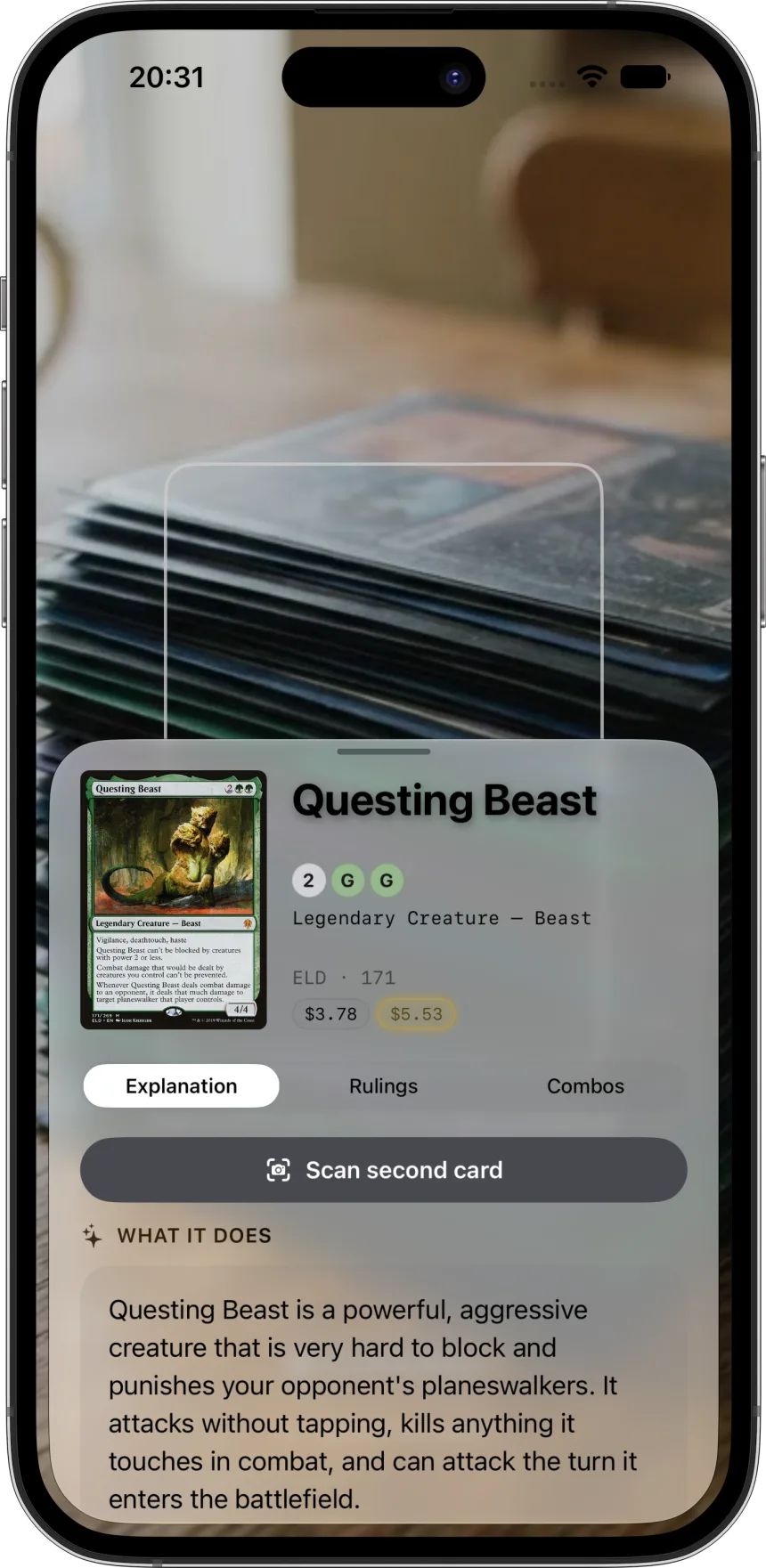 Scanning Questing Beast with the camera and reading a plain-English explanation of what it does